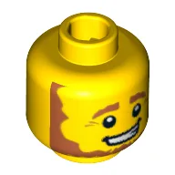 Minifig Head Leprechaun, Beard Brown Angular Bushy with White Pupils and Open Mouth Smirk Print [Blocked Open Stud] / Yellow