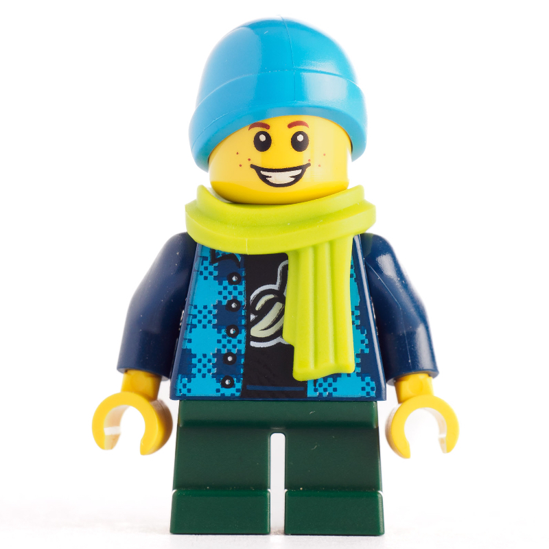 Lego Kid, Dark Blue Torso, Dark Green Legs, Blue Cap, Lime Scarf