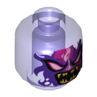 Lego Minifig Head Overlord, Purple Eyes, Dark Purple and Bright Pink Flames, Sharp Teeth, Open Mouth Print [Hollow Stud] / Trans-Purple