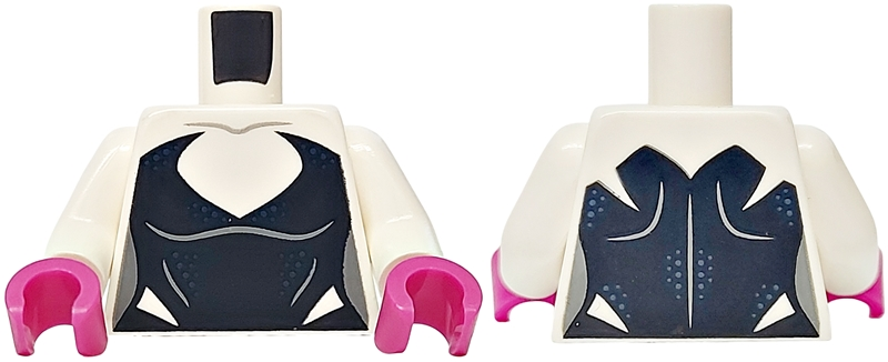 Lego Torso Female Black Bodysuit with Deep V Neck and Dark Blue Dots, Dark Bluish Gray Sides Pattern / White Arms / Magenta Hands