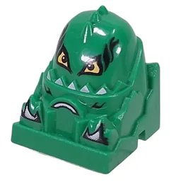 Racer Driver Head, Brick Special 2 x 2 Round, Yellow Eyes, White Teeth Print (Snake) / Green
