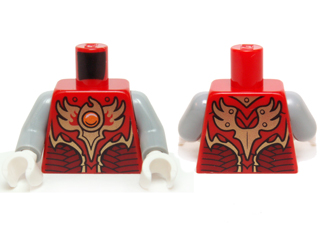 Lego Torso Vest with Dark Red and Gold Armor with Scales and Orange Round Jewel (Fire Chi) Pattern / Light Bluish Gray Arms / White Hands