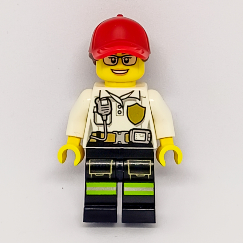 Lego Firewoman, White Polo Shirt with Radio and Badge, Red Cap with Hair, Glasses
