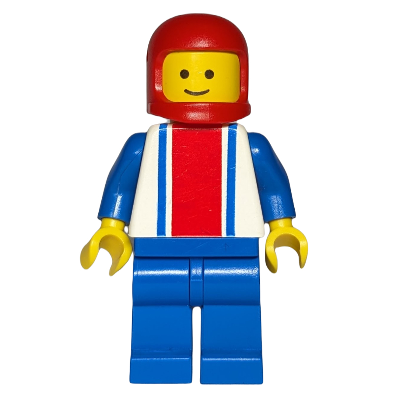 Lego Man, White Torso with Red and Blue Stripes, Blue Legs, Red Helmet