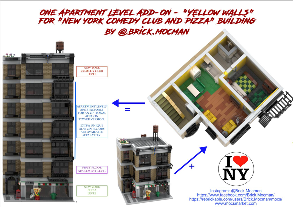 Lego Apartment Add-on - Yellow (Expansion NY Pizza and Jerry's Comedy Club Modular Building)