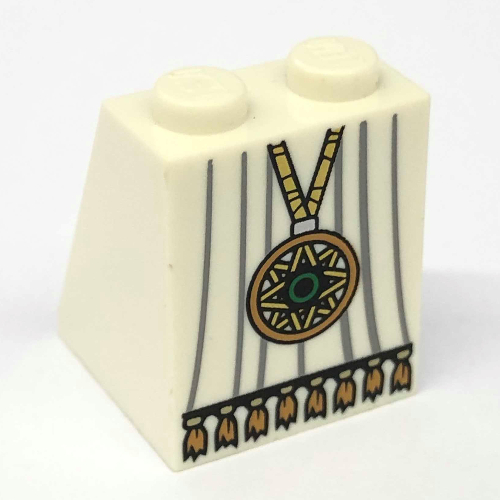 Lego Brick Sloped 65° 2 x 2 x 2 with Bottom Tube and Robe, Gold Star Pendant and Tassels Print / White