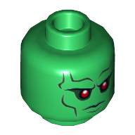 Lego Minifig Head Martian Manhunter, Red Eyes, Dark Bluish Gray Eyebrows, Cheek Lines Stern Expression Print [Hollow Stud] / Green