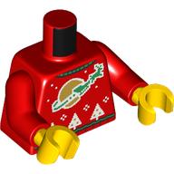 Lego Torso, Ugly Christmas Sweater, Green Sleigh Flying Across Gold Planet (Classic Space Logo), White Trees print, Red Arms, Yellow Hands / Red