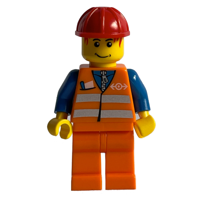 Lego Train Worker - Orange Safety Vest, Orange Legs, Red Helmet, red Hair