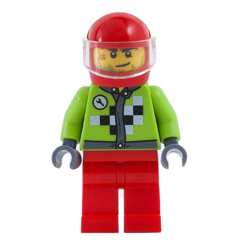 Lego Racer with Lime Jacket with Black and White Checks, Red Helmet with Trans-Clear Visor