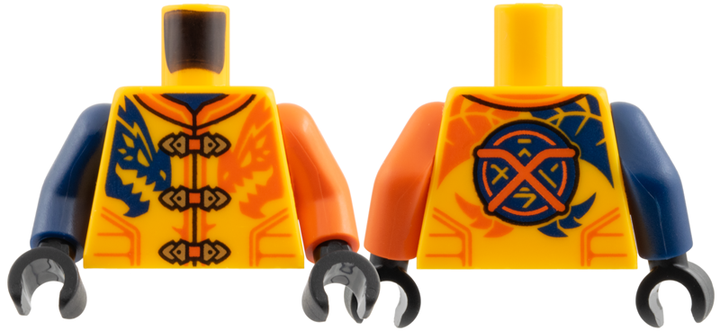 Lego Torso Tang, Gold Clasps, Dark Blue and Reddish Orange Dragons, Ninjago Logogram 'Arin' on Back Pattern / Reddish Orange Arm Left / Dark Blue Arm Right / Black Hands