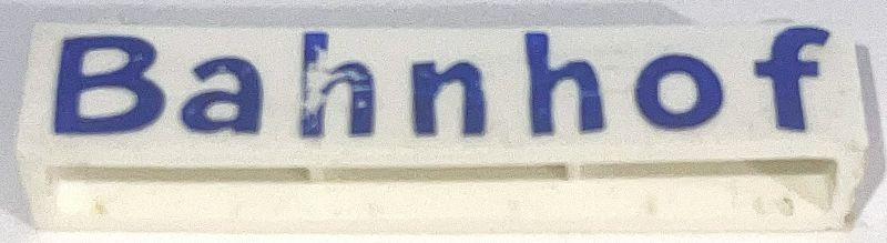Lego Brick 1 x 6 without Bottom Tubes with Cross Side Supports with Blue 'Bahnhof' Comic Sans Pattern