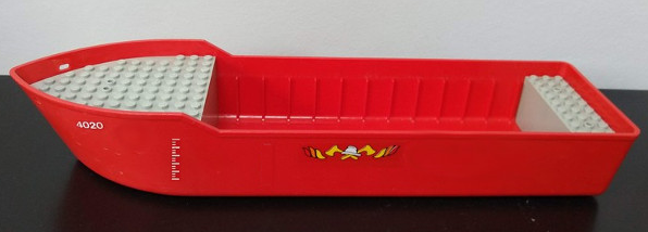 Lego Boat, Hull Unitary 38 x 10 x 5 2/3 Floating with Raised Light Gray Decks with Classic Fire Logo with Helmet and Crossed Axes, White '4020' Pattern on Both Sides (Stickers) - Set 4020