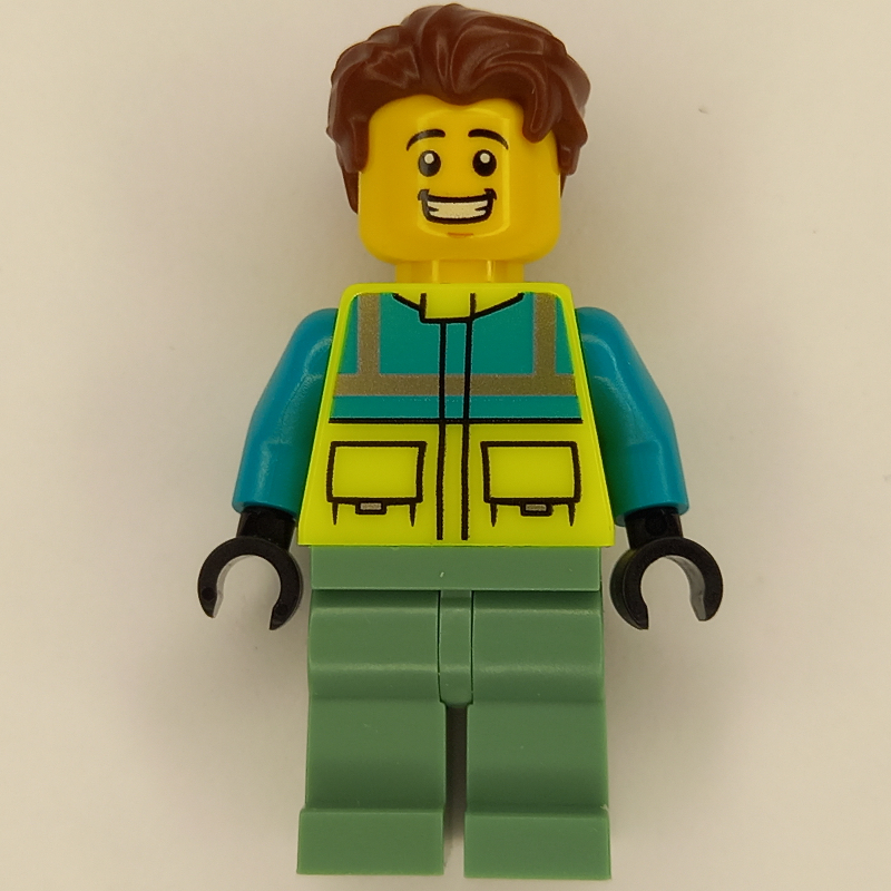 Lego Paramedic - Vibrant Yellow Torso, Sand Green Legs, Reddish Brown Hair