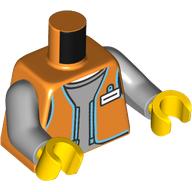 Lego Torso, Orange Store Employee Jacket, Dark Azure Trim, Name Badge, Light Bluish Grey Shirt print Light Bluish Gray Arms, Yellow Hands / Orange
