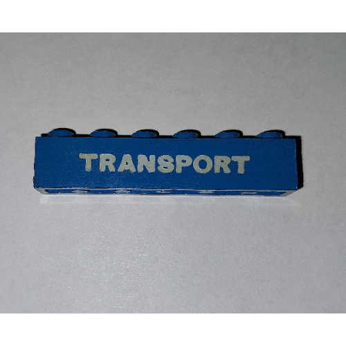 Lego Brick 1 x 6 with 'TRANSPORT' Small Thick White Print / Blue