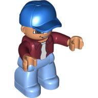Lego Duplo Figure with Cap Blue, with Dark Red Long Sleeve Shirt over White Shirt - Medium Blue Legs / Dark Red
