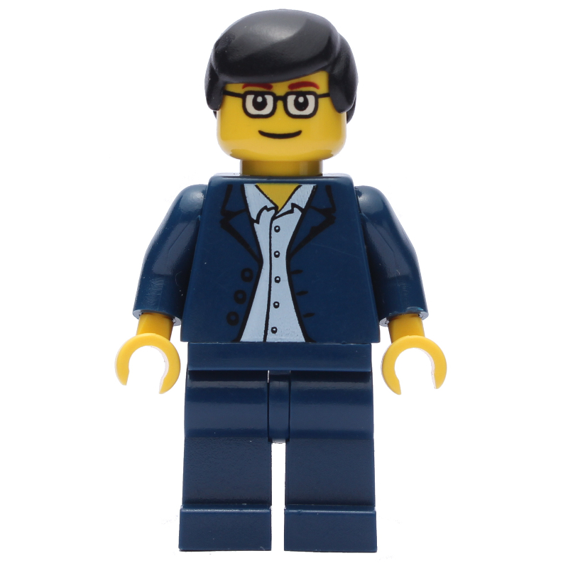 Lego Man, Dark Blue Suit, Black Hair, Glasses