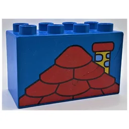 Duplo Brick 2 x 4 x 2 with Red Roof and Yellow Chimney Print / Blue