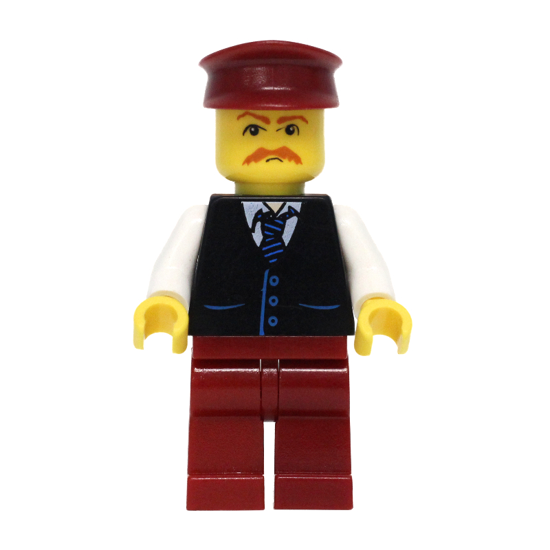 Lego Man, Black Vest over White Shirt with Tie, Dark Red Legs, Dark Red Hat, Moustache