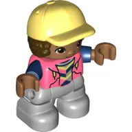 Duplo Figure Child with Hair and Cap Bright Light Yellow, Light Bluish Gray Legs, Hoodie Print / Coral