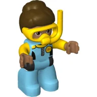 Duplo Figure with Hair in a Bun Dark Brown, Medium Azure Diving Suit, Yellow Arms, Yellow Diving Mask / Medium Azure