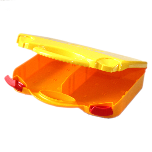 Lego Storage Case, with Rounded Corners, Yellow Lid, Red Latches / Bright Light Orange