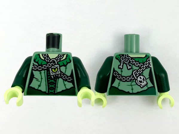 Lego Torso Female Bodice Green Collar and Laces, Silver Chains and Pendant with Lime Eye, Keys and Skull Padlock on Back Pattern / Dark Green Arms / Yellowish Green Hands