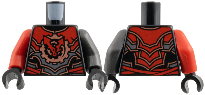 Lego Torso Armor, Red and Dark Silver Plates, Arrows, Copper Gear and Trim Pattern / Pearl Dark Gray Arm Left / Red Arm Right / Black Hands