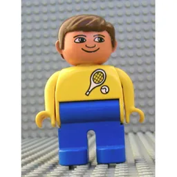 Duplo Figure, Early, with Short Parted Hair Brown, Blue Legs, White Tennis Racket and Ball Print / Yellow