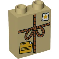 Duplo Brick 1 x 2 x 2 with Tied Parcel with Star Stamp and Orange Shipping Label Print / Tan