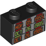 Lego Brick 1 x 2 with 'NOV 05 1955', 'OCT 26 1985', 'OCT 26 1985' print / Black