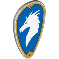 Lego Shield Ovoid with White Dragon (Bahamut) on Blue Field, Gold Border print / Light Bluish Gray