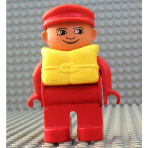 Lego Duplo Figure, Early, with Flat Cap Red, Red Legs, Yellow Life Jacket / Red