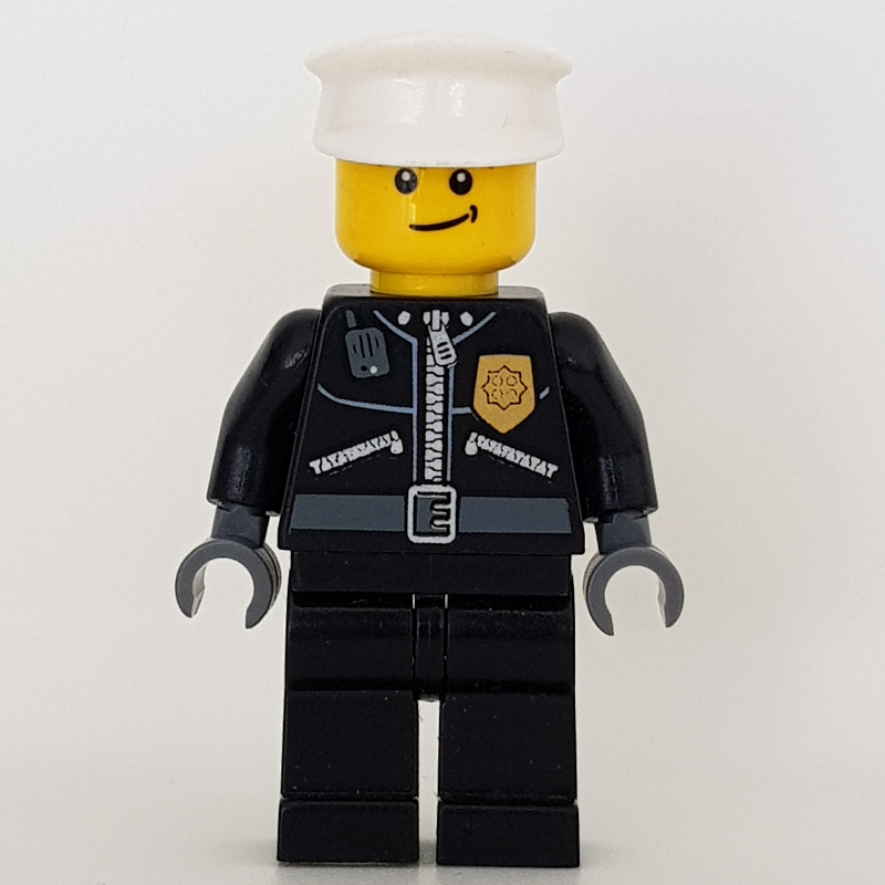 Lego Policeman, Black Jacket with Zipper, Radio, Badge, and 'POLICE' on Back, White Hat