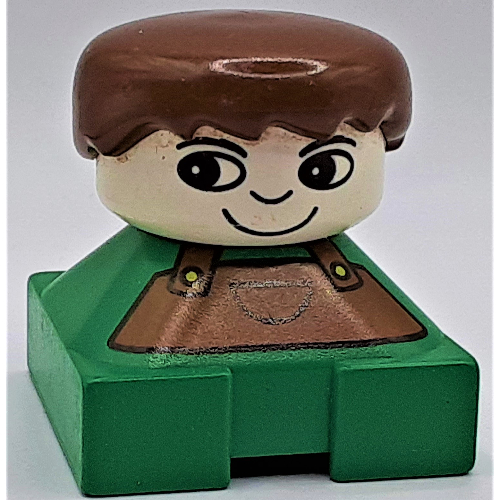 Lego Duplo 2 x 2 x 2 Figure Brick, White Head, Spiky Bangs, Brown Hair, Brown Dungarees Print / Green