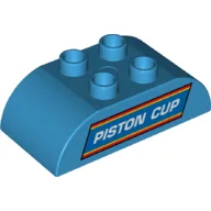 Duplo Brick 2 x 4 Curved Top with White 'PISTON CUP' Print / Dark Azure