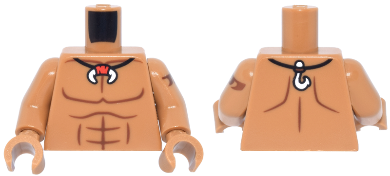 Lego Torso Bare Chest with Reddish Brown Muscles Outline, Black String Necklace with White Tusk and Fish Hook Pattern / Medium Nougat Arm Left with Reddish Brown Wave Tattoo Pattern / Medium Nougat Arm Right / Medium Nougat Hands