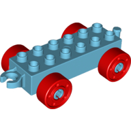 Lego Duplo Car Base 2 x 6 with Fake Bolts, Open Hitch End and Red Wheels / Medium Azure
