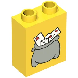 Duplo Brick 1 x 2 x 2 with Small Dark Gray Mail Bag Print / Yellow