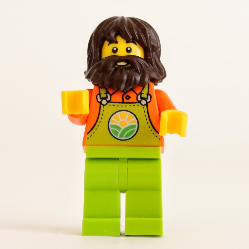 Lego Farmer, Man, Lime Overalls, Dark Brown Hair and Beard