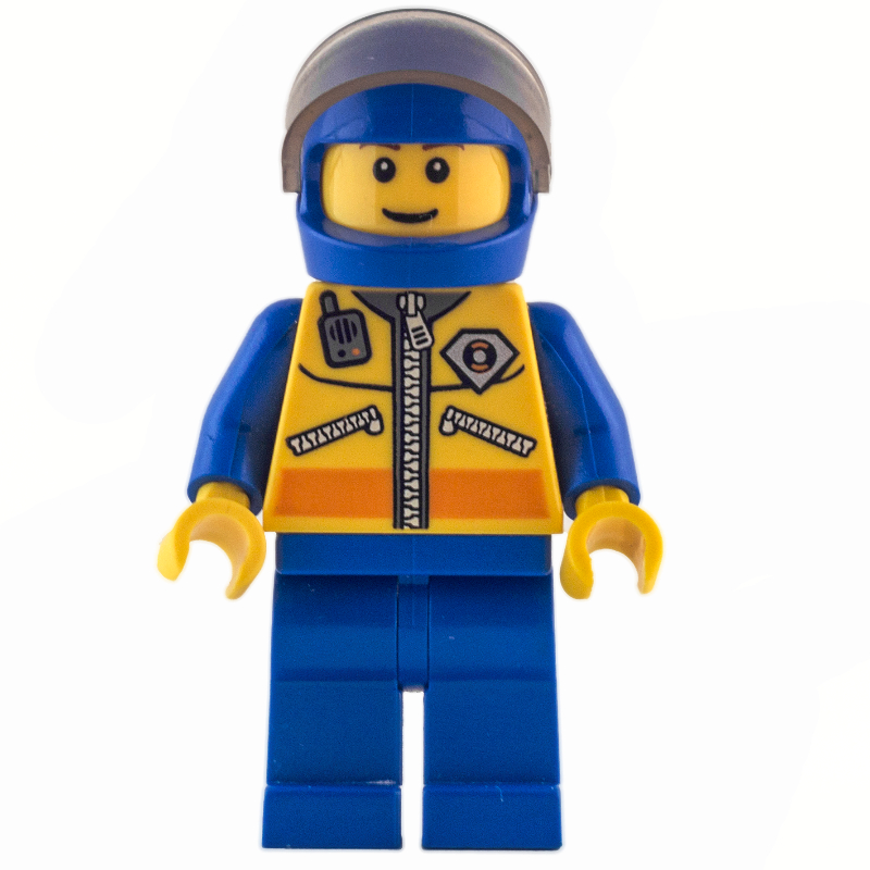 Lego Coast Guard, Yellow Jacket with Zipper, Radio and Badge, Blue Helmet with Visor, Brown Eyebrows