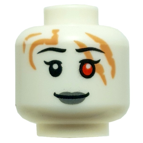 Lego Minifig Head Faith, Red Right Eye, Dark Bluish Grey Lips, Medium Nougat Streaks/Scars / White