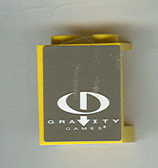 Lego Panel 1 x 2 x 2 - Hollow Studs with White Gravity Games Logo on Dark Gray Background Pattern (Sticker) - Set 3538