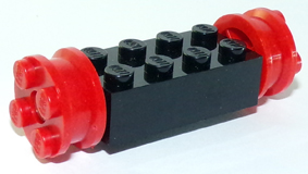 Lego Brick, Modified 2 x 4 with Red Wheels FreeStyle and Red Pins (4180 / 4259 / 2344)