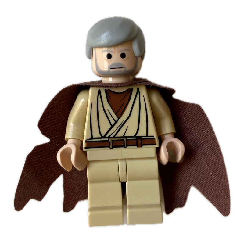 Lego Obi-Wan Kenobi, Old, Tan Robes, Hair, Black Eyes, Tattered Cape