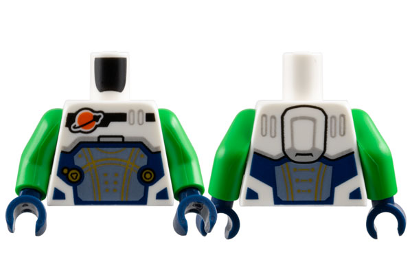 Lego Torso Reddish Orange and Black Classic Space Logo, Sand Blue Panel with Gold Lines, Dark Blue Trim Pattern / Bright Green Arms / Dark Blue Hands