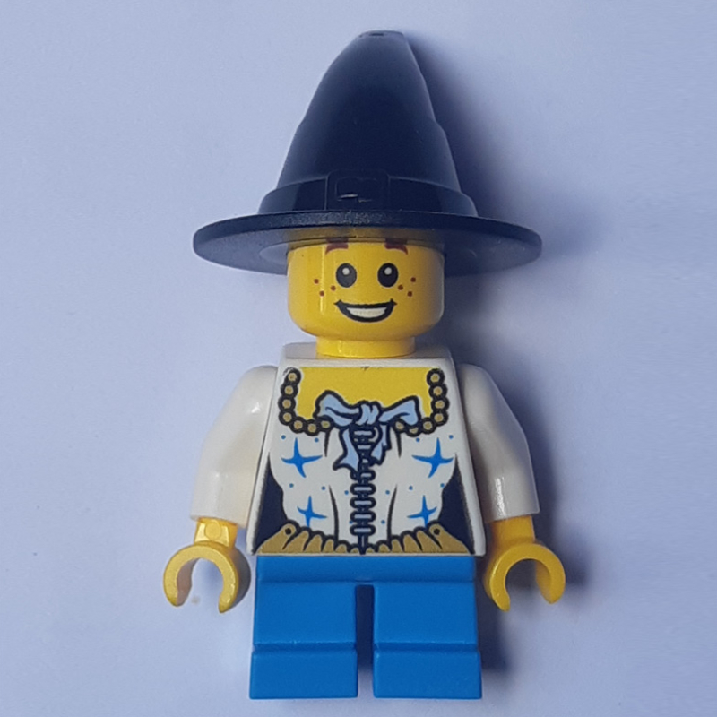 Lego Girl, White Corset with Stars, Short Dark Azure Legs, Black Witch Hat