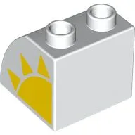 Duplo Brick 2 x 2 x 1 1/2 with Curved Top, Yellow Sun Print / White