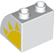 Lego Duplo Brick 2 x 2 x 1 1/2 with Curved Top with Yellow Sun print / White